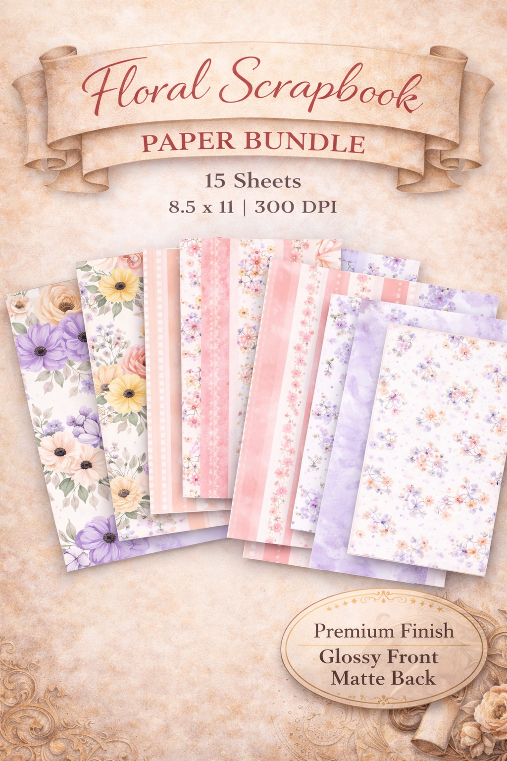 Floral Scrapbook Paper Bundle | 15 Double-Sided Sheets | Vintage Shabby Chic Paper Pack