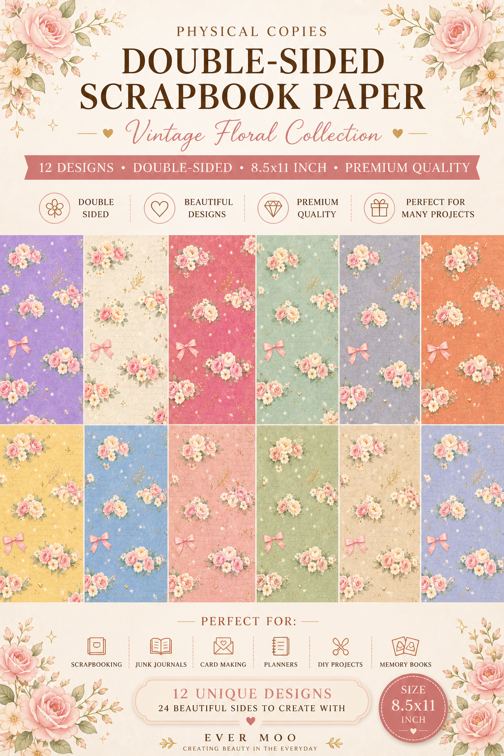 8.5x11 Double-Sided Scrapbook Paper Pack | Floral Vintage Paper | Junk Journal Paper | Pastel Floral Paper
