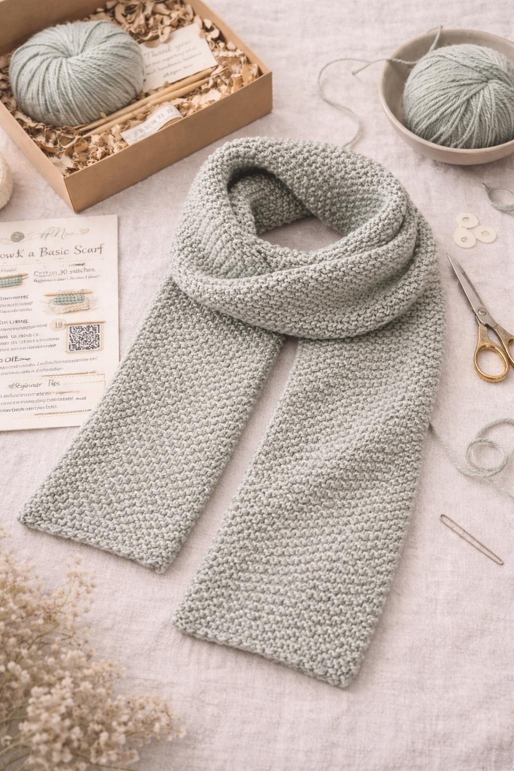 Beginner Knitting Kit – Cozy Scarf DIY, Garter Stitch