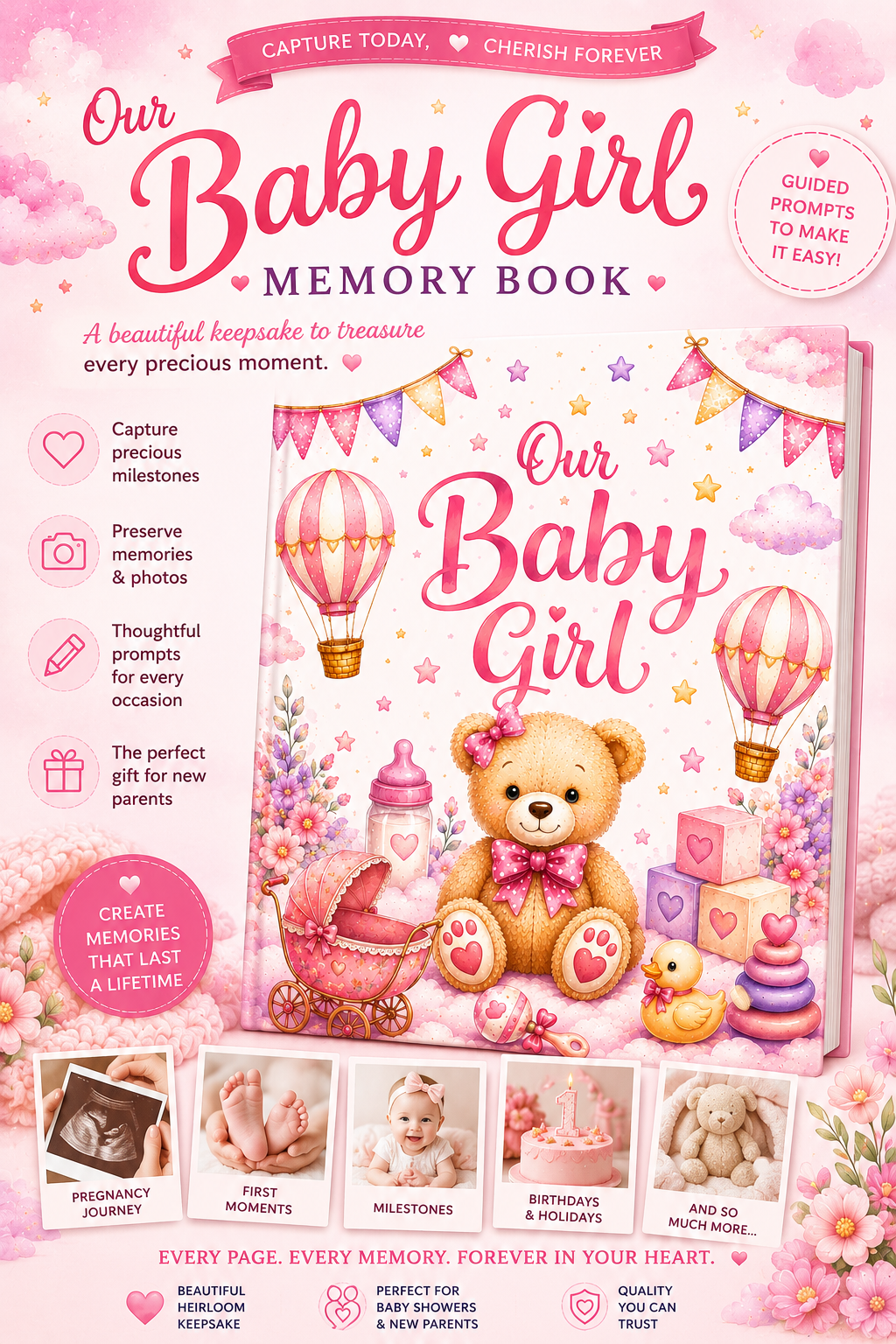 Baby Girl Memory Book | First Year Keepsake Journal, Teddy Bear Theme