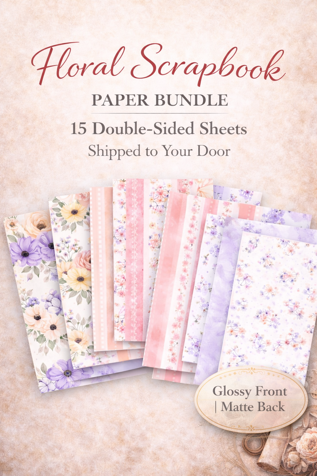 Floral Scrapbook Paper Bundle | 15 Double-Sided Sheets | Vintage Shabby Chic Paper Pack