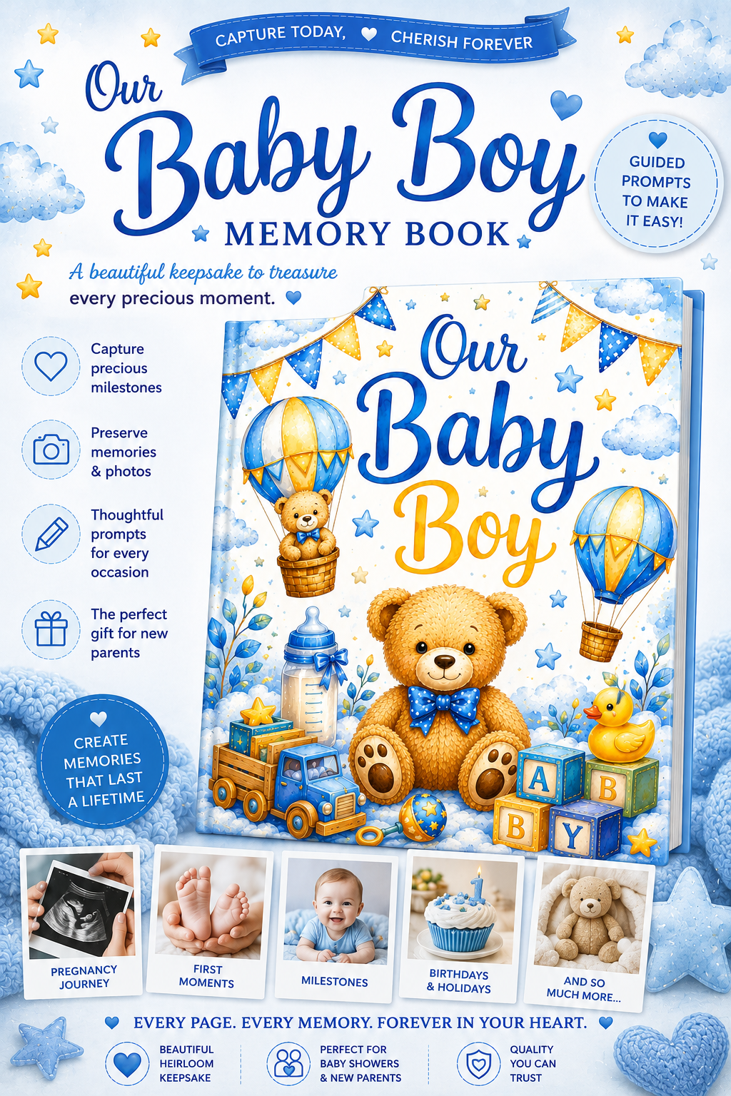 Baby Boy Memory Book | First Year Keepsake Journal, Teddy Bear Theme