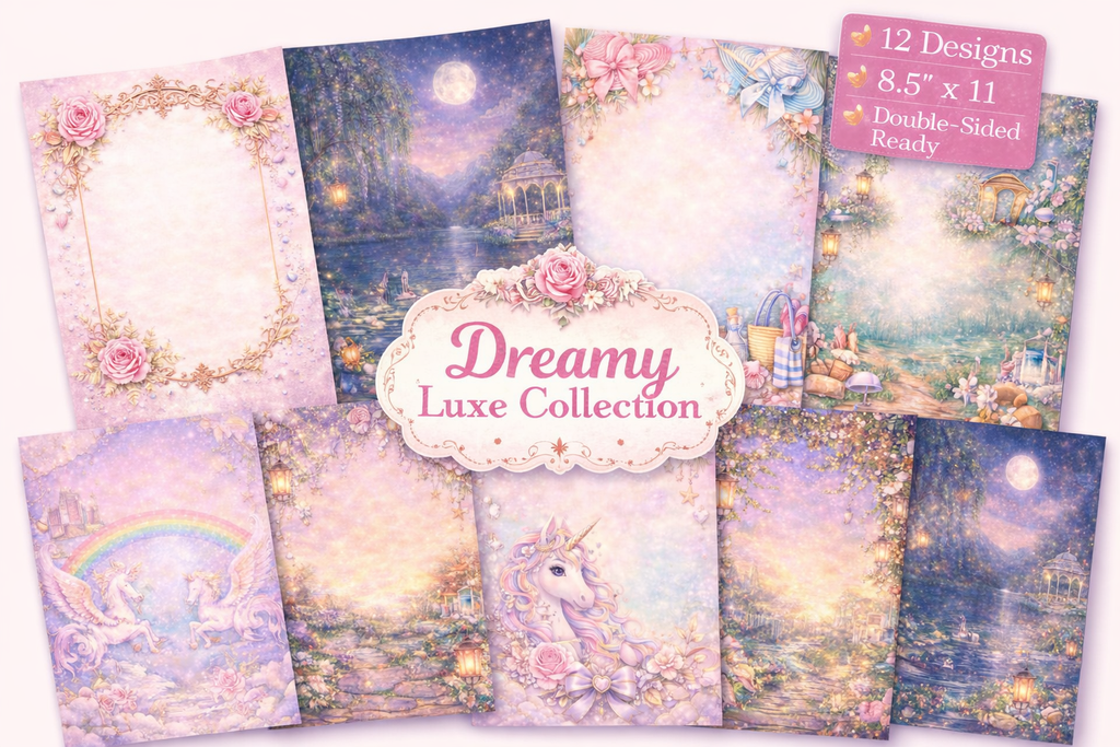 Dreamy Luxe Scrapbook Paper Pack | 12 Designs Double-Sided | 8.5x11 Scrapbooking Paper | Junk Journal Supplies