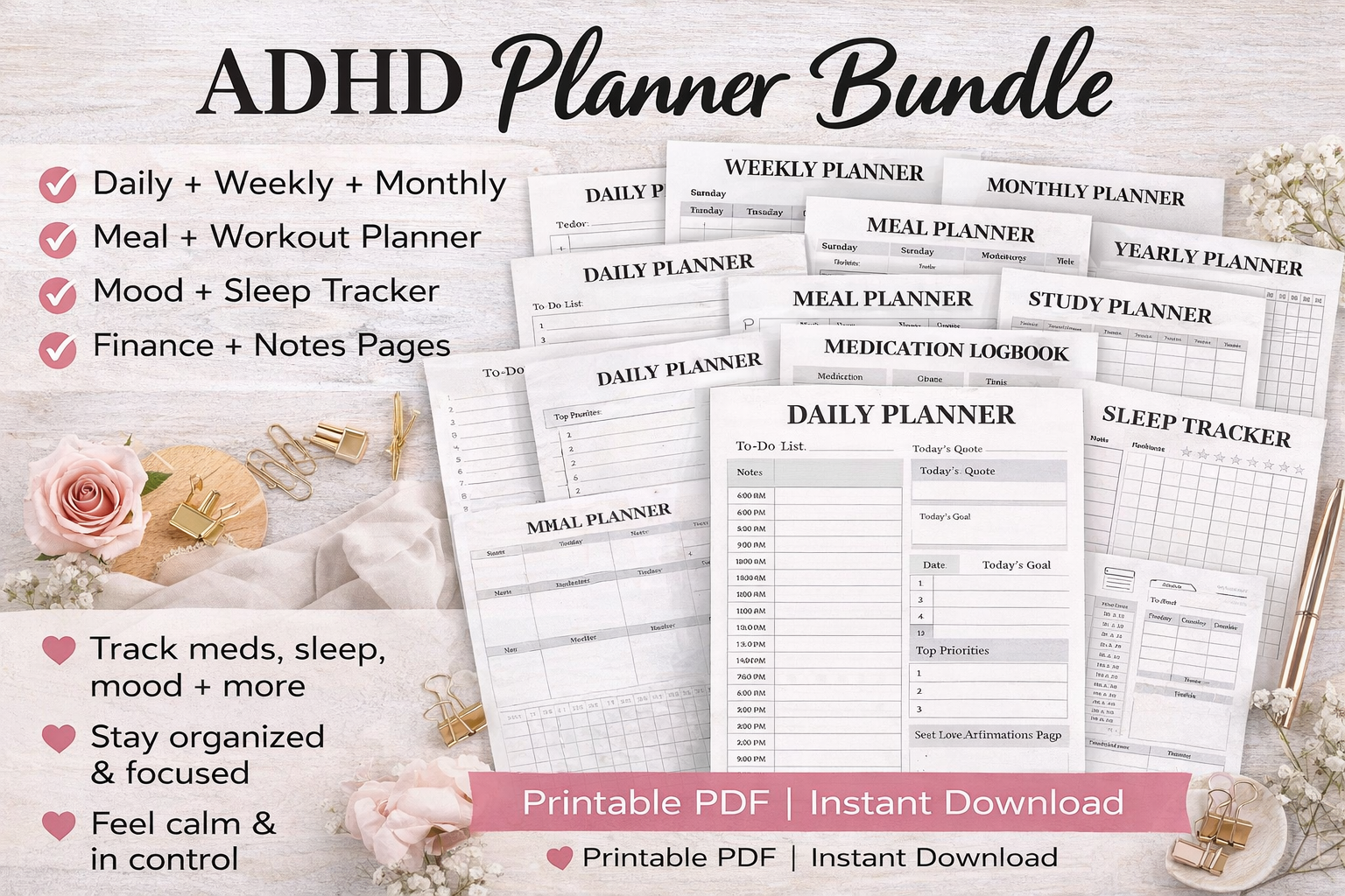ADHD Planner Printable Bundle | Daily Weekly Monthly Planner | Instant Download PDF