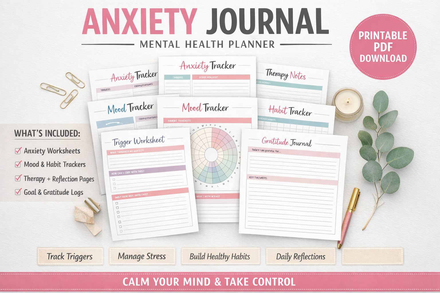 Anxiety Journal Printable | Mood & Habit Tracker | PDF Download