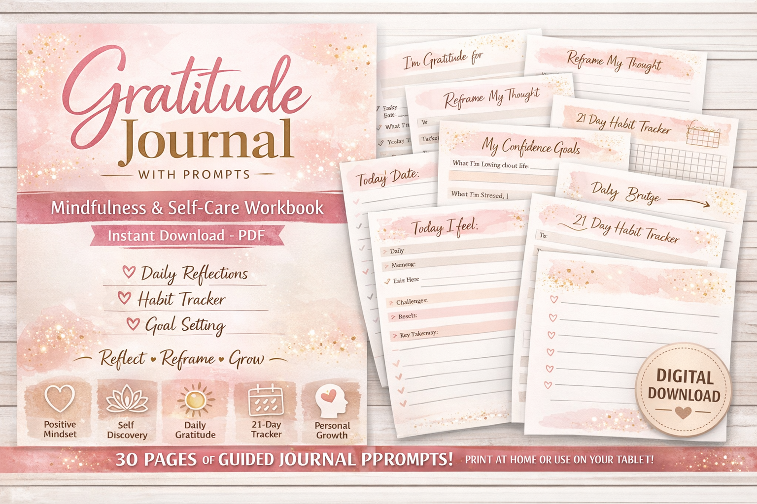 Gratitude Journal Printable with Prompts | Self Care Journal PDF