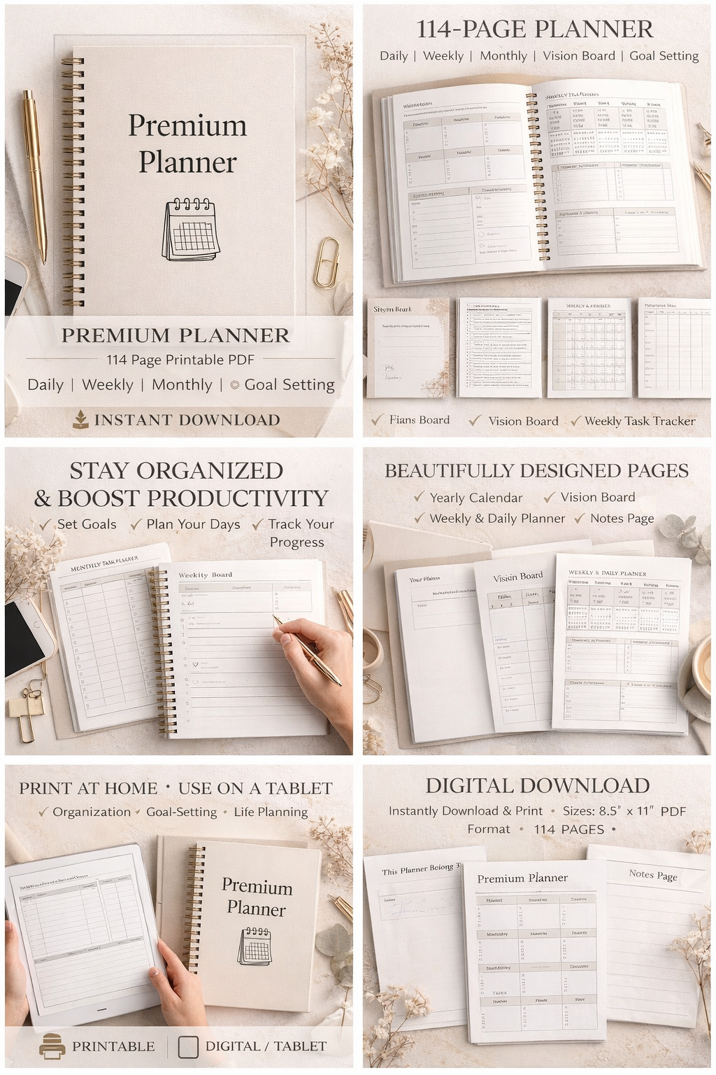 114-Page Printable Planner | Daily, Weekly, Monthly, Vision Board (PDF Download)