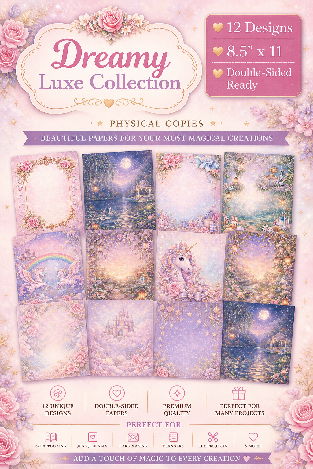 Dreamy Luxe Scrapbook Paper Pack | 12 Designs Double-Sided | 8.5x11 Scrapbooking Paper | Junk Journal Supplies