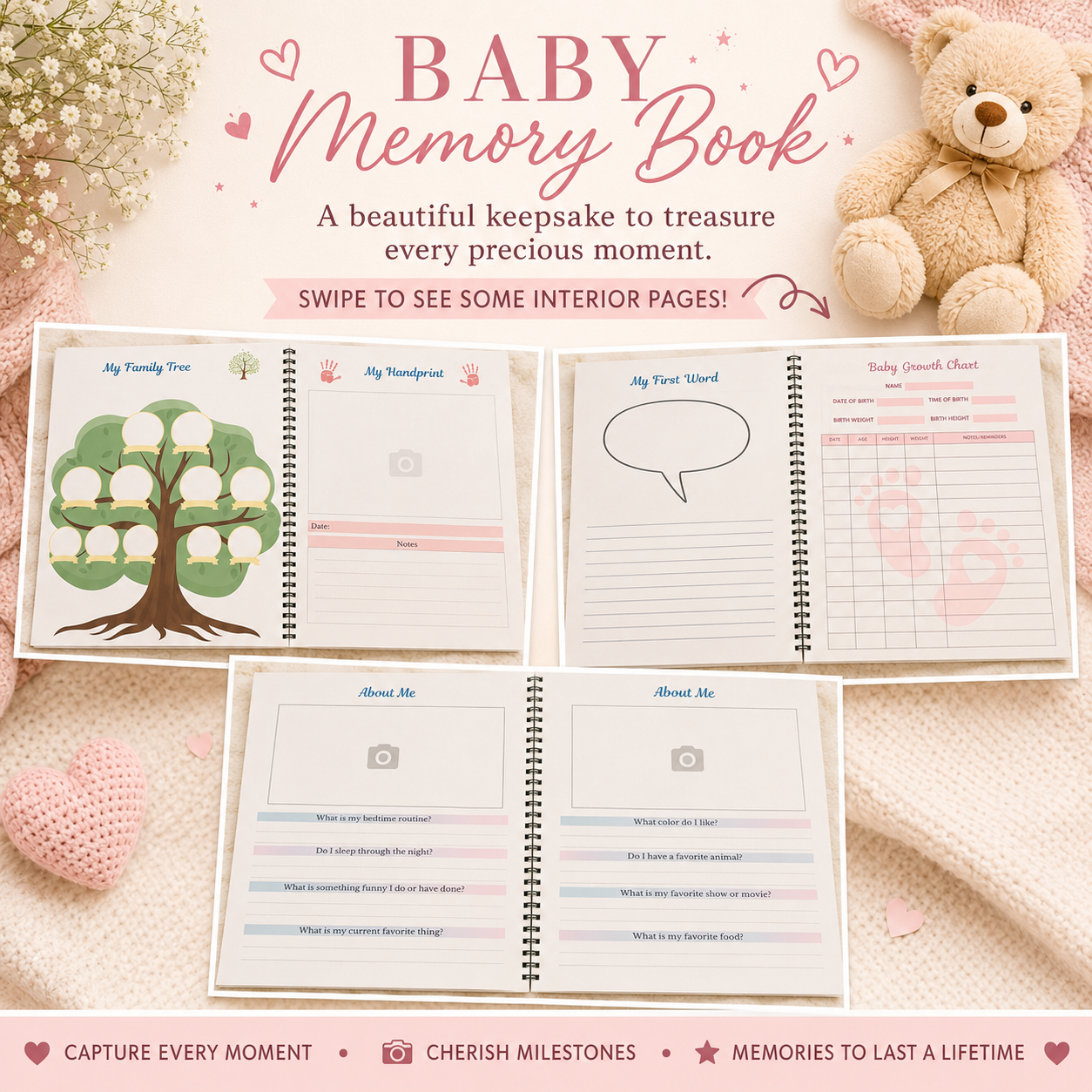 Baby Girl Memory Book | First Year Keepsake Journal, Teddy Bear Theme