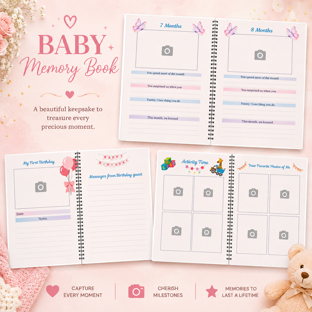 Baby Girl Memory Book | First Year Keepsake Journal, Teddy Bear Theme