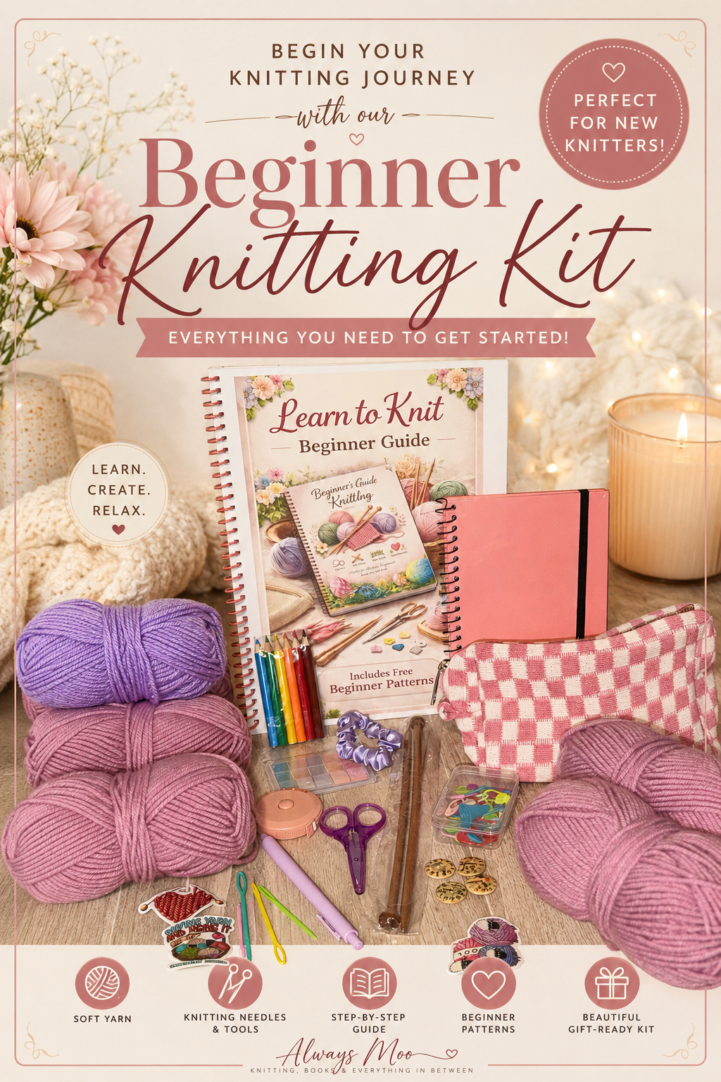 Beginner Knitting Kit – Cozy Scarf DIY, Garter Stitch
