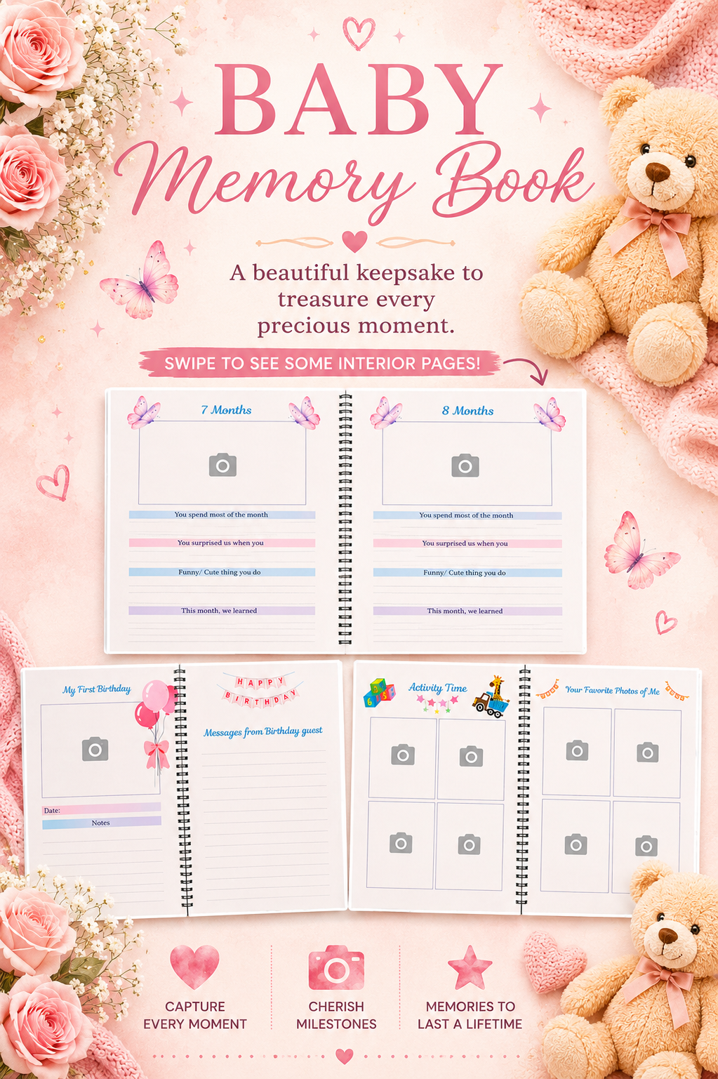 Baby Girl Memory Book | First Year Keepsake Journal, Teddy Bear Theme