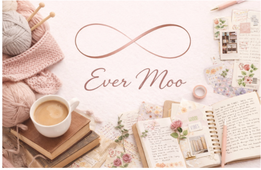 Tabletop scene with coffee, books, yarn, and stationery with 'Ever Moo' branding.