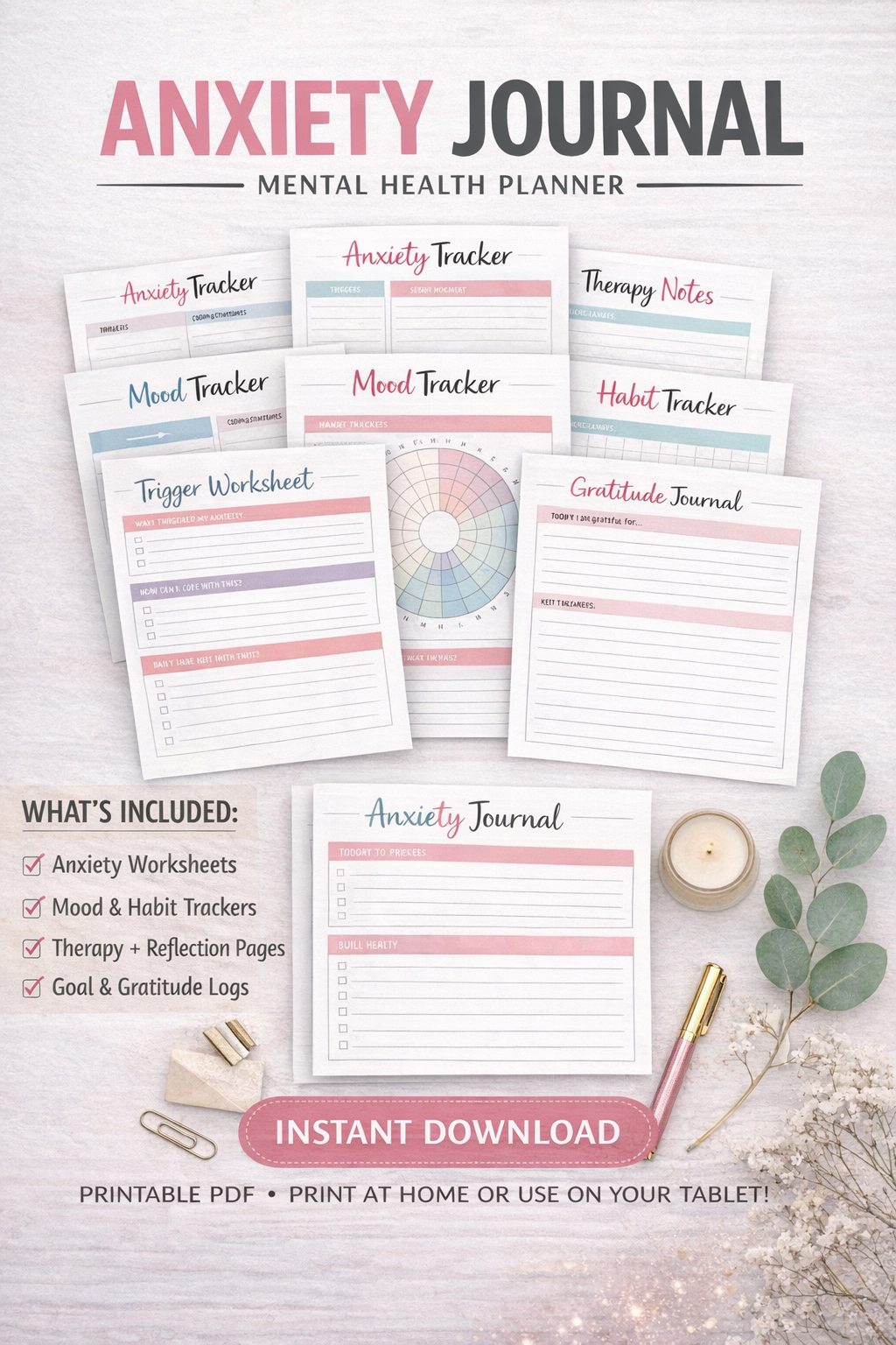 Anxiety Journal Printable | Mood & Habit Tracker | PDF Download