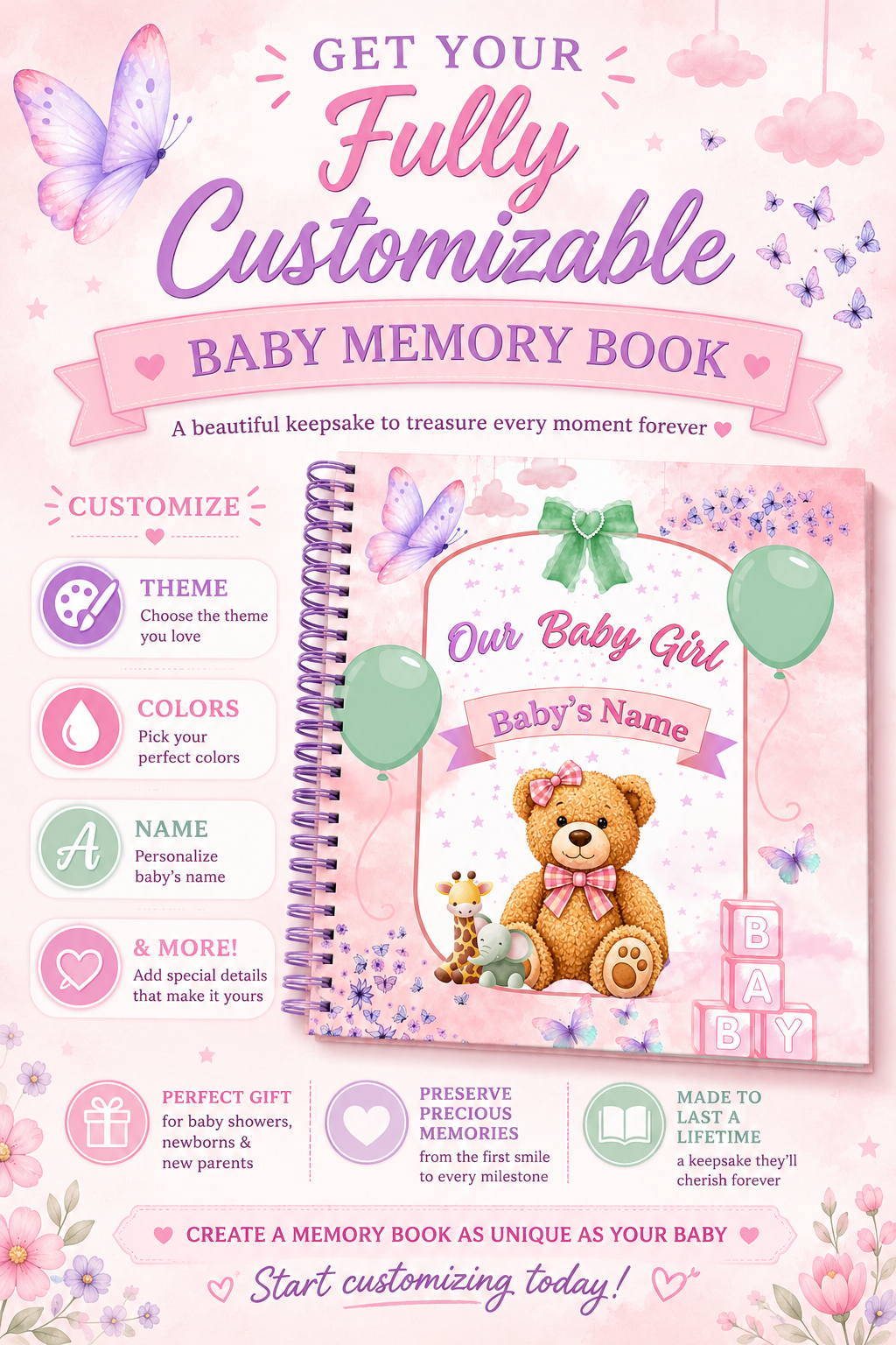 Customized Baby Girl Memory Book | Guided First Year Keepsake Journal