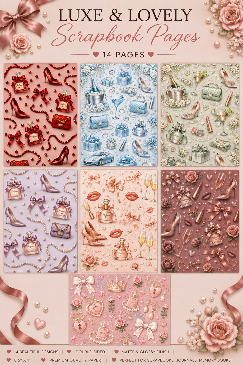Luxe & Lovely Double-Sided Scrapbook Paper Collection – 7 Designs - 14 Pages
