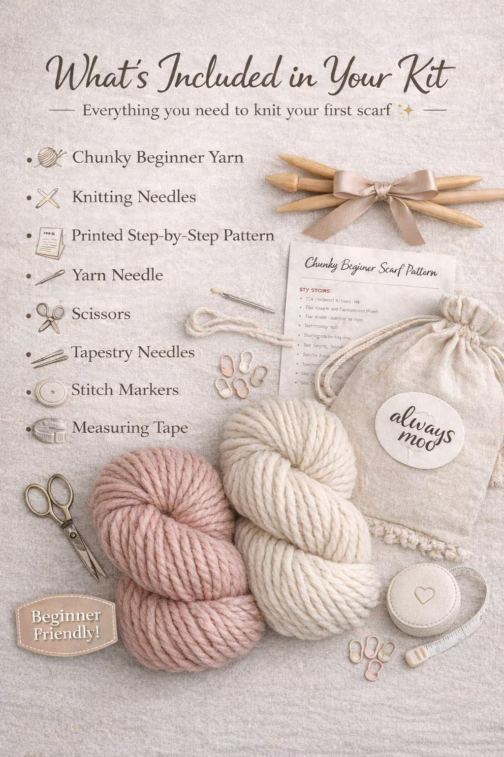 Beginner Chunky Scarf Knitting Kit -Learn to Knit -  Bulky Yarn Scarf