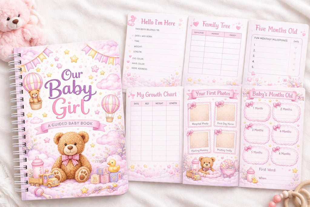 Baby Girl Memory Book | Guided First Year Keepsake Journal, Teddy Bear Theme