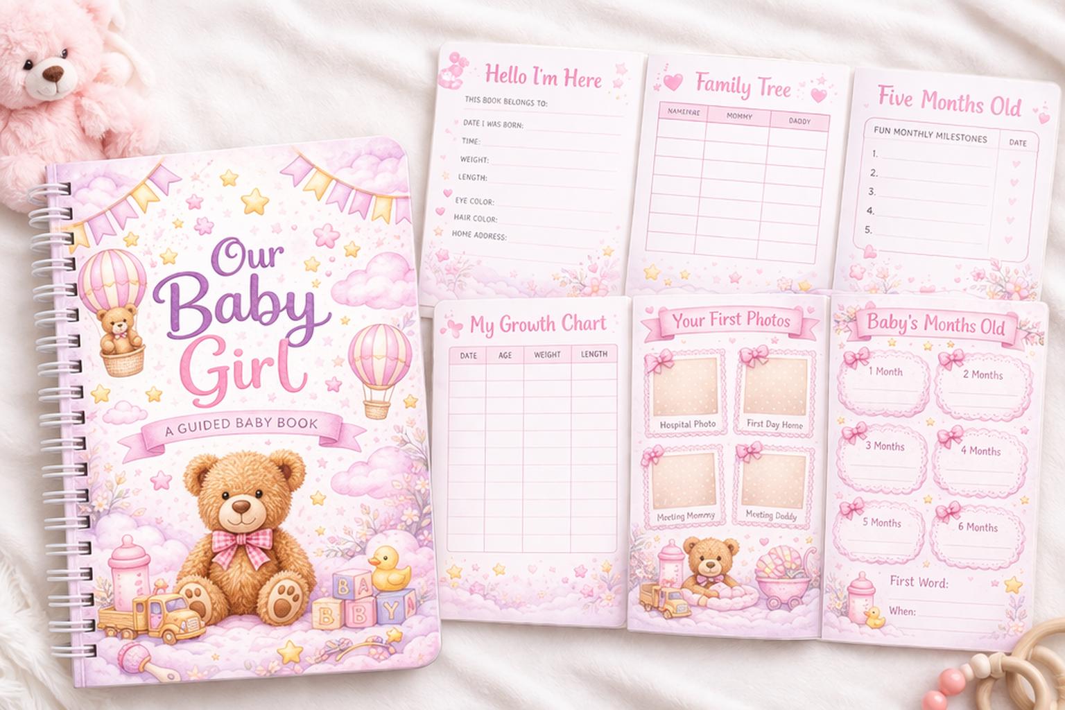 Baby Girl Memory Book | Guided First Year Keepsake Journal, Teddy Bear Theme